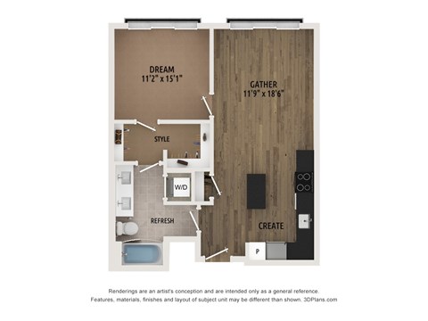 Floor plan for 1 bed, 1 bath, 737 sqft